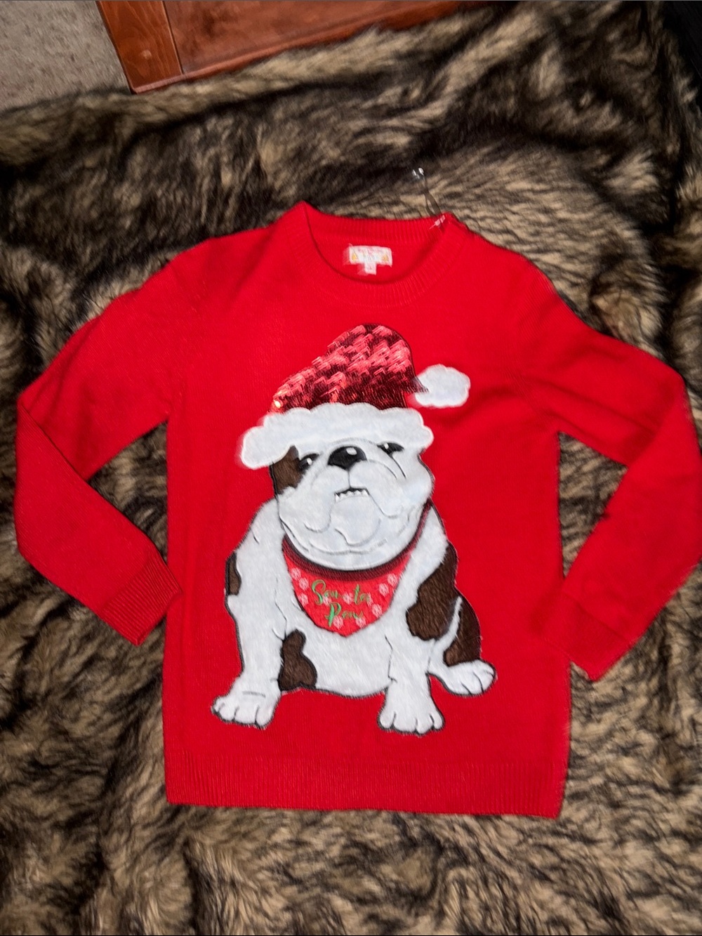 Poof New York Bulldog Christmas Sweater Womens Small Santa Paw Sequin Holiday